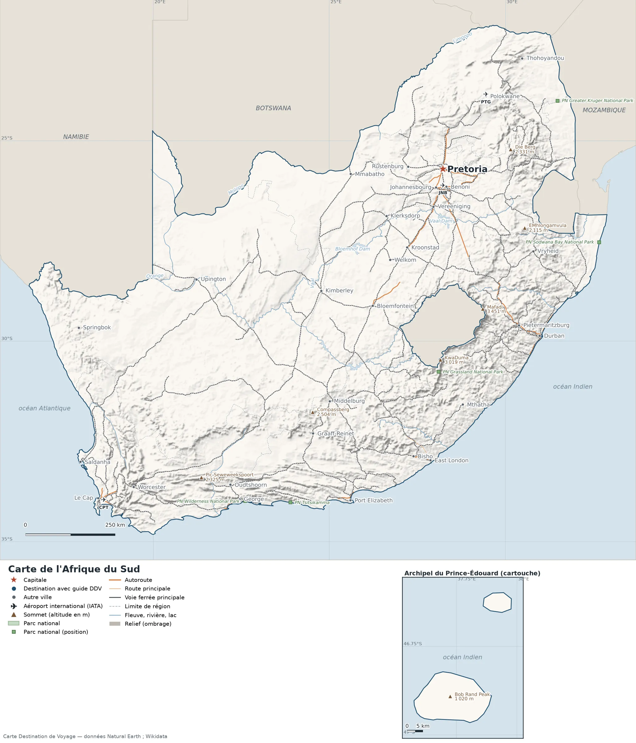 Carte Afrique du Sud avec relief, parcs nationaux, villes, routes et aéroports