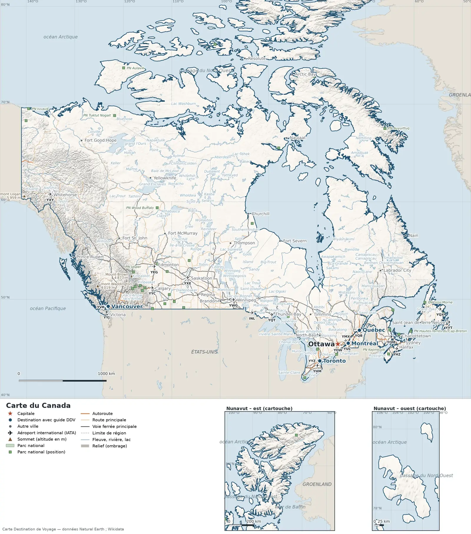 Carte Canada avec relief, parcs nationaux, villes, routes et aéroports