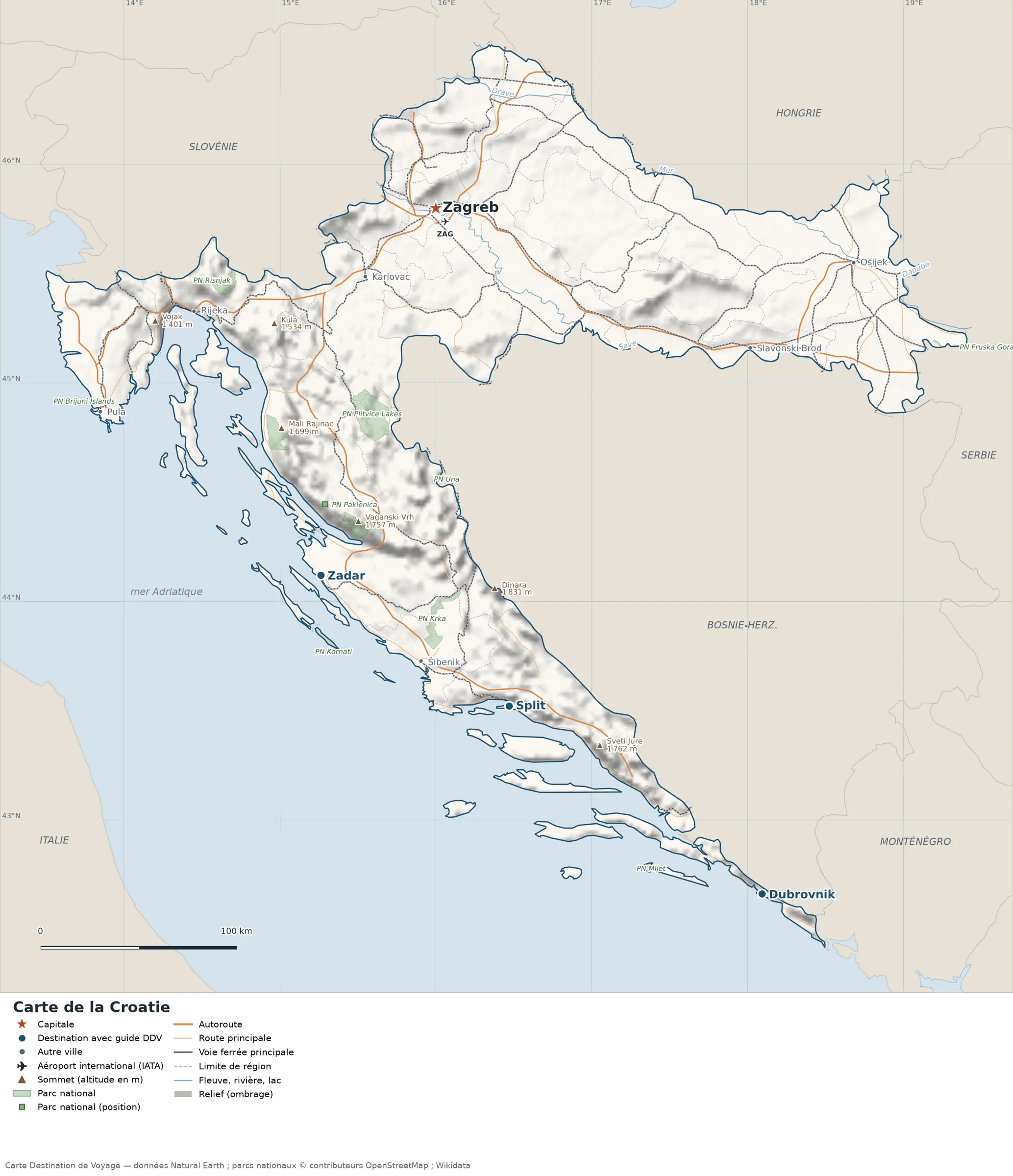 Carte Croatie avec relief, parcs nationaux, villes, routes et aéroports