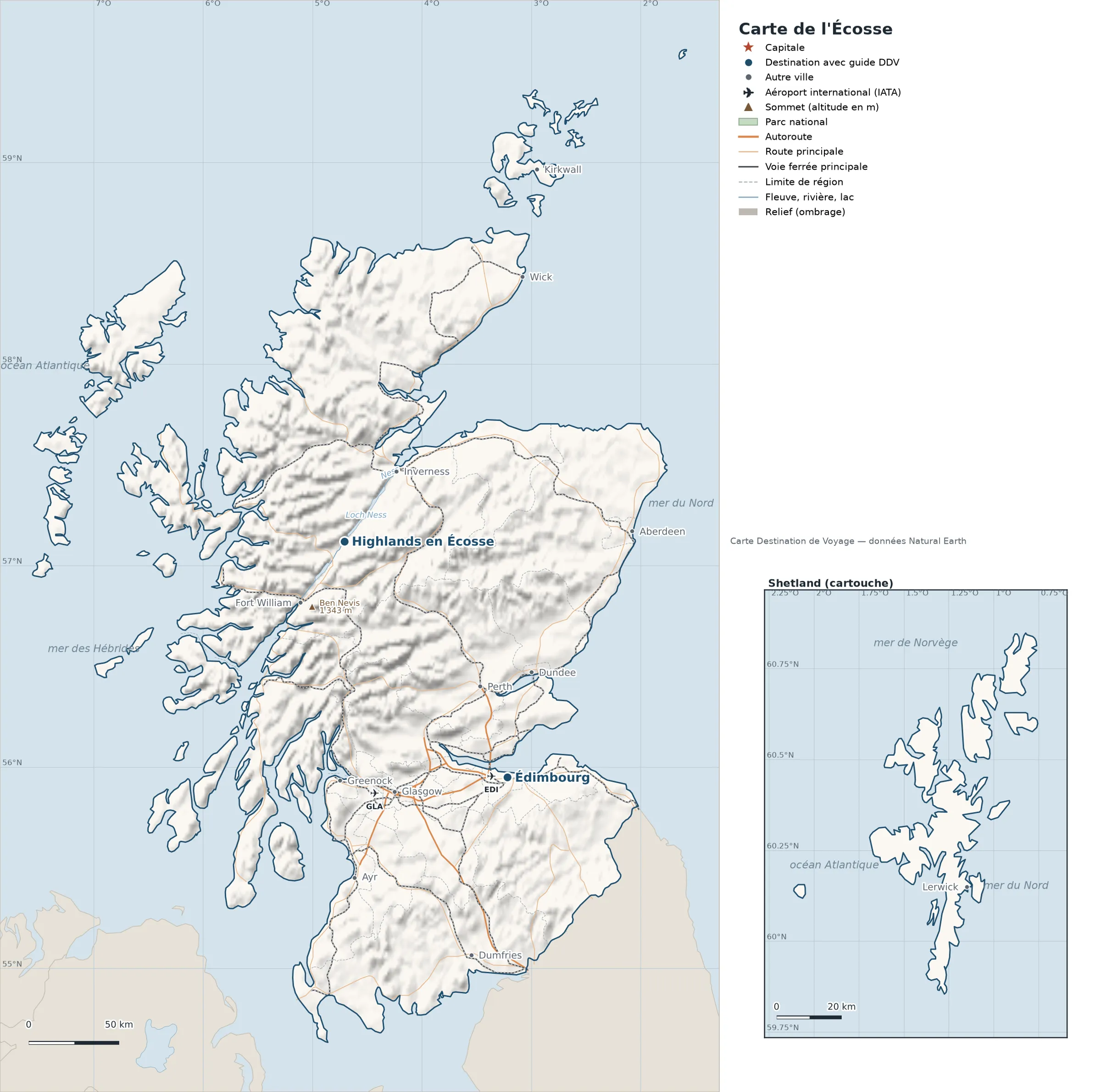 Carte Écosse avec relief, parcs nationaux, villes, routes et aéroports