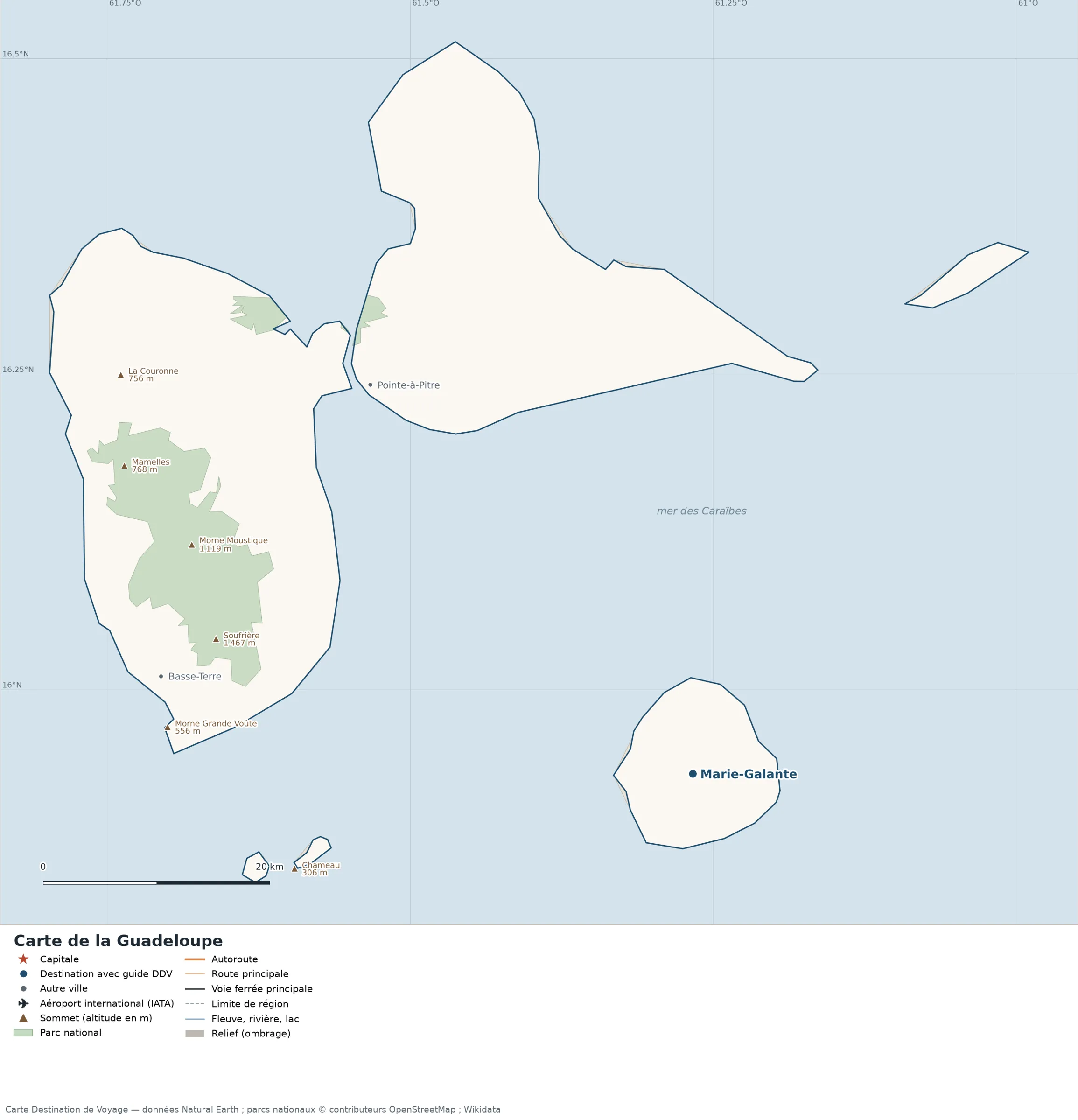 Carte Guadeloupe avec relief, parcs nationaux, villes, routes et aéroports