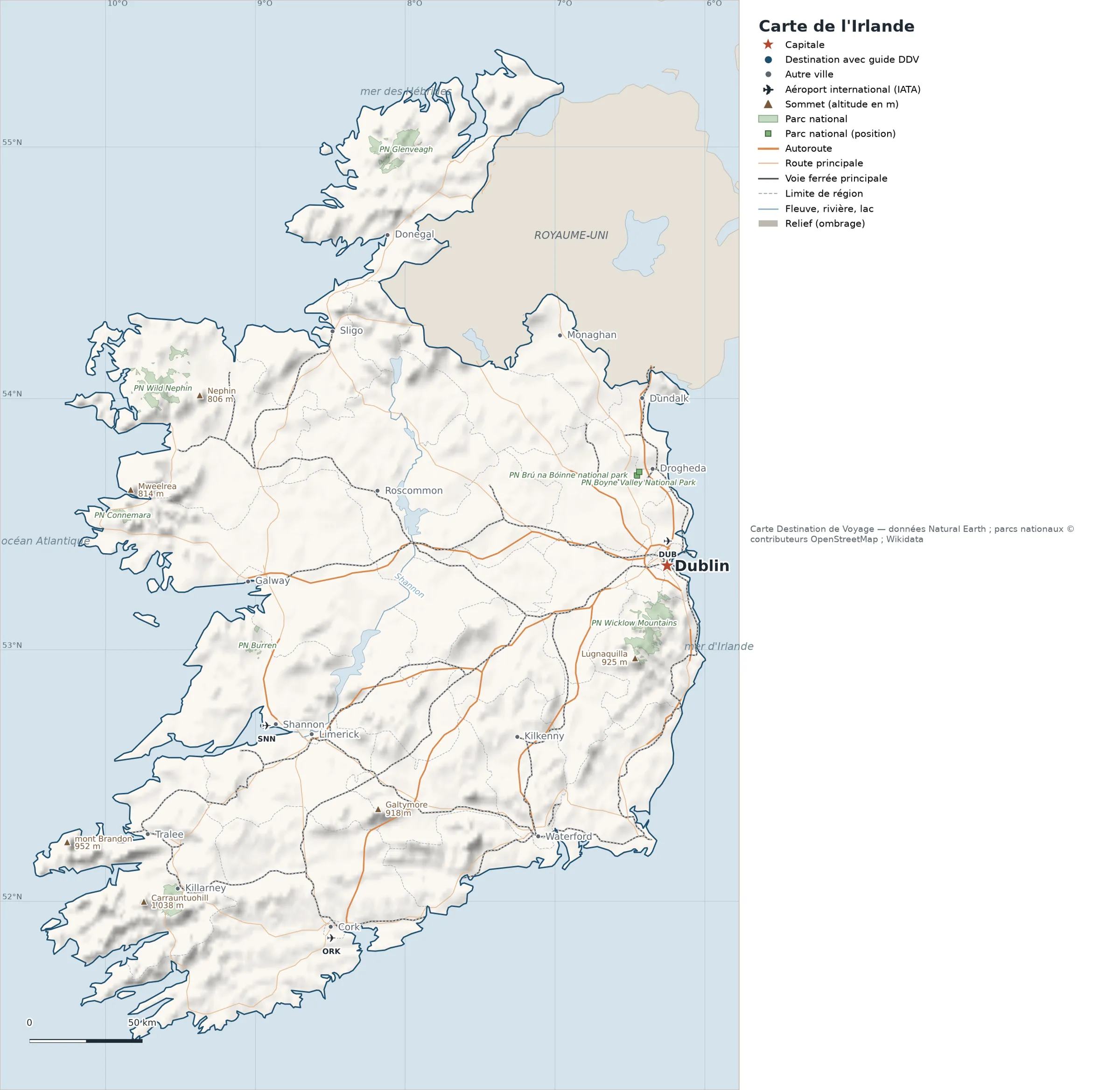 Carte Irlande avec relief, parcs nationaux, villes, routes et aéroports