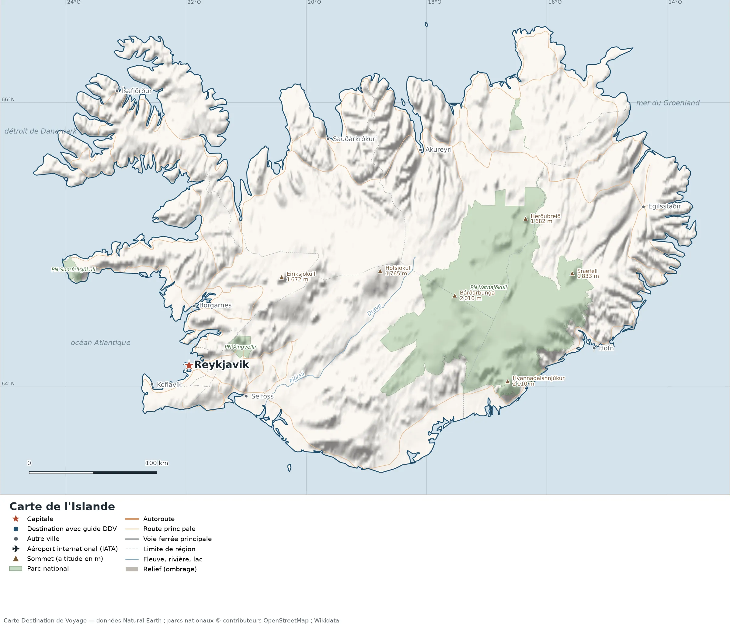 Carte Islande avec relief, parcs nationaux, villes, routes et aéroports