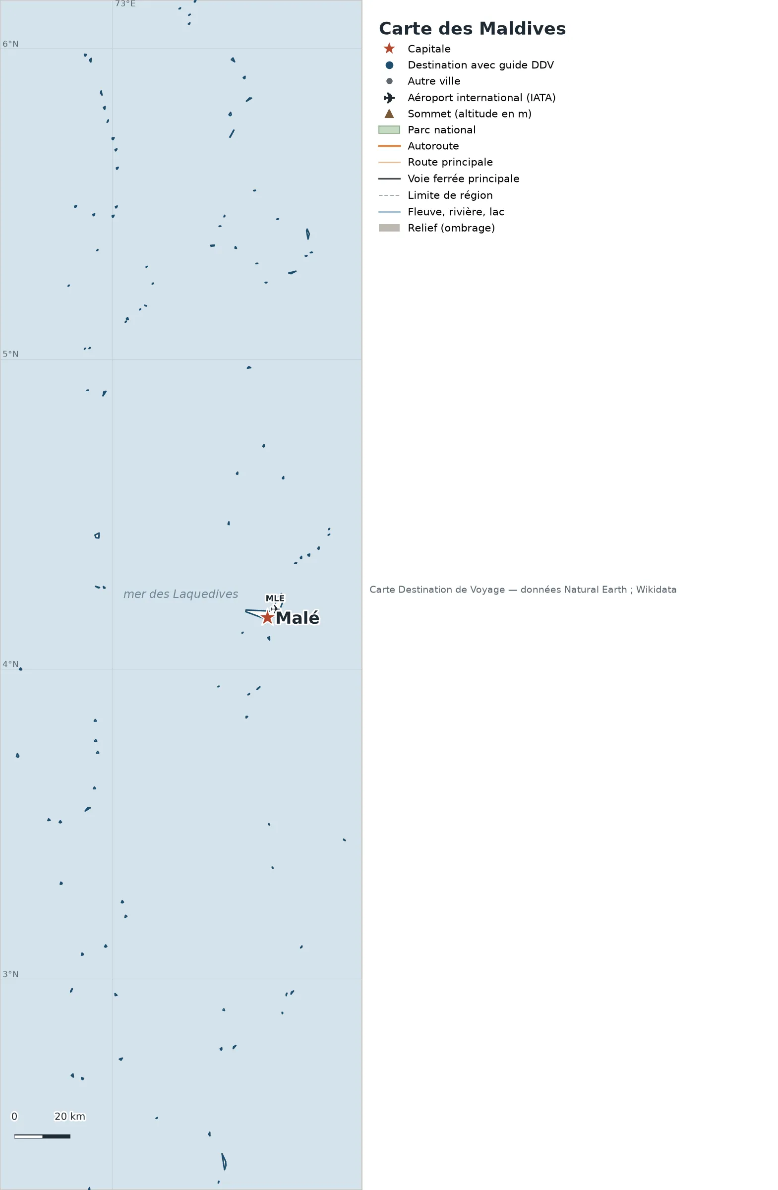 Carte Maldives avec relief, parcs nationaux, villes, routes et aéroports