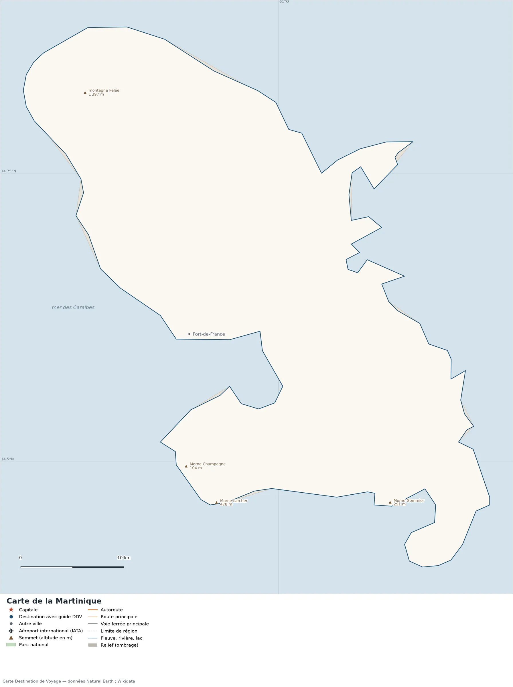 Carte Martinique avec relief, parcs nationaux, villes, routes et aéroports