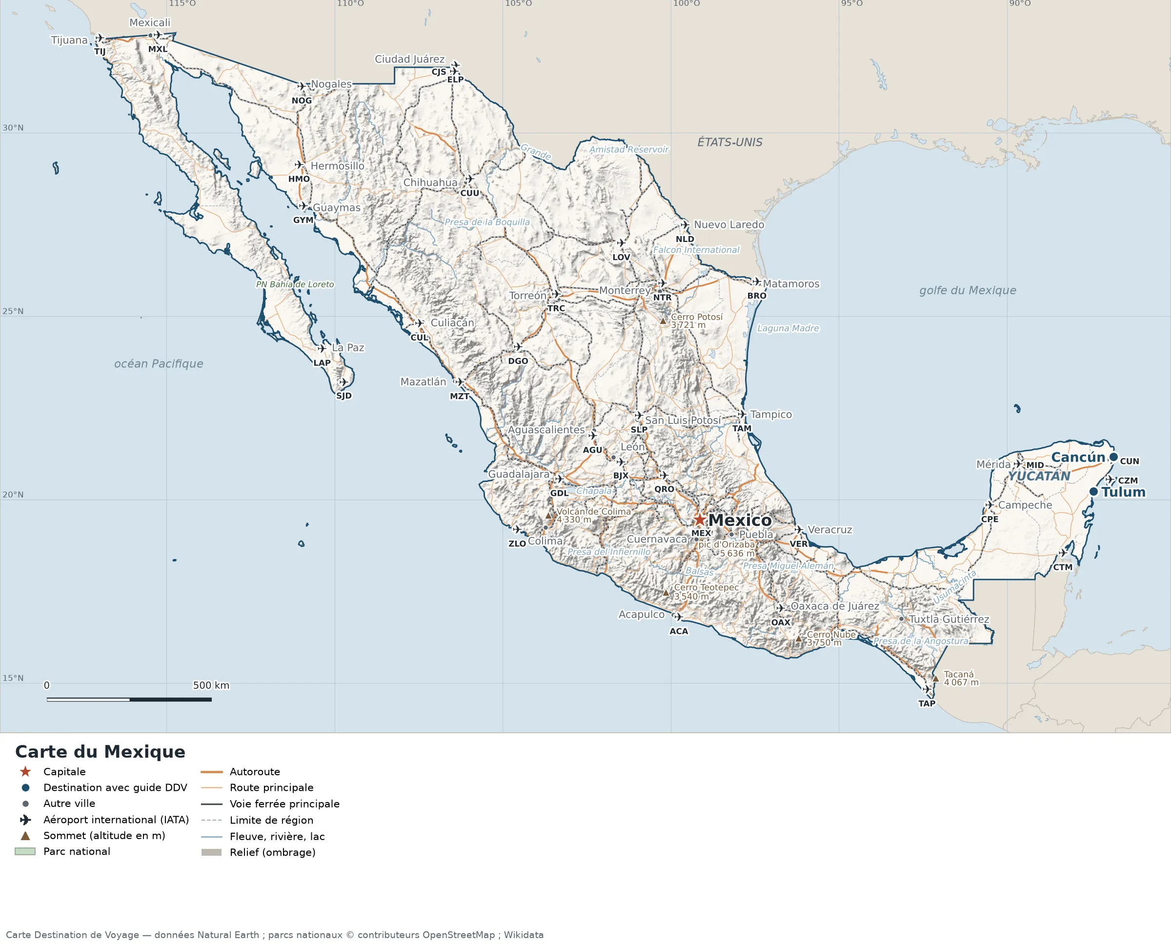 Carte Mexique avec relief, parcs nationaux, villes, routes et aéroports