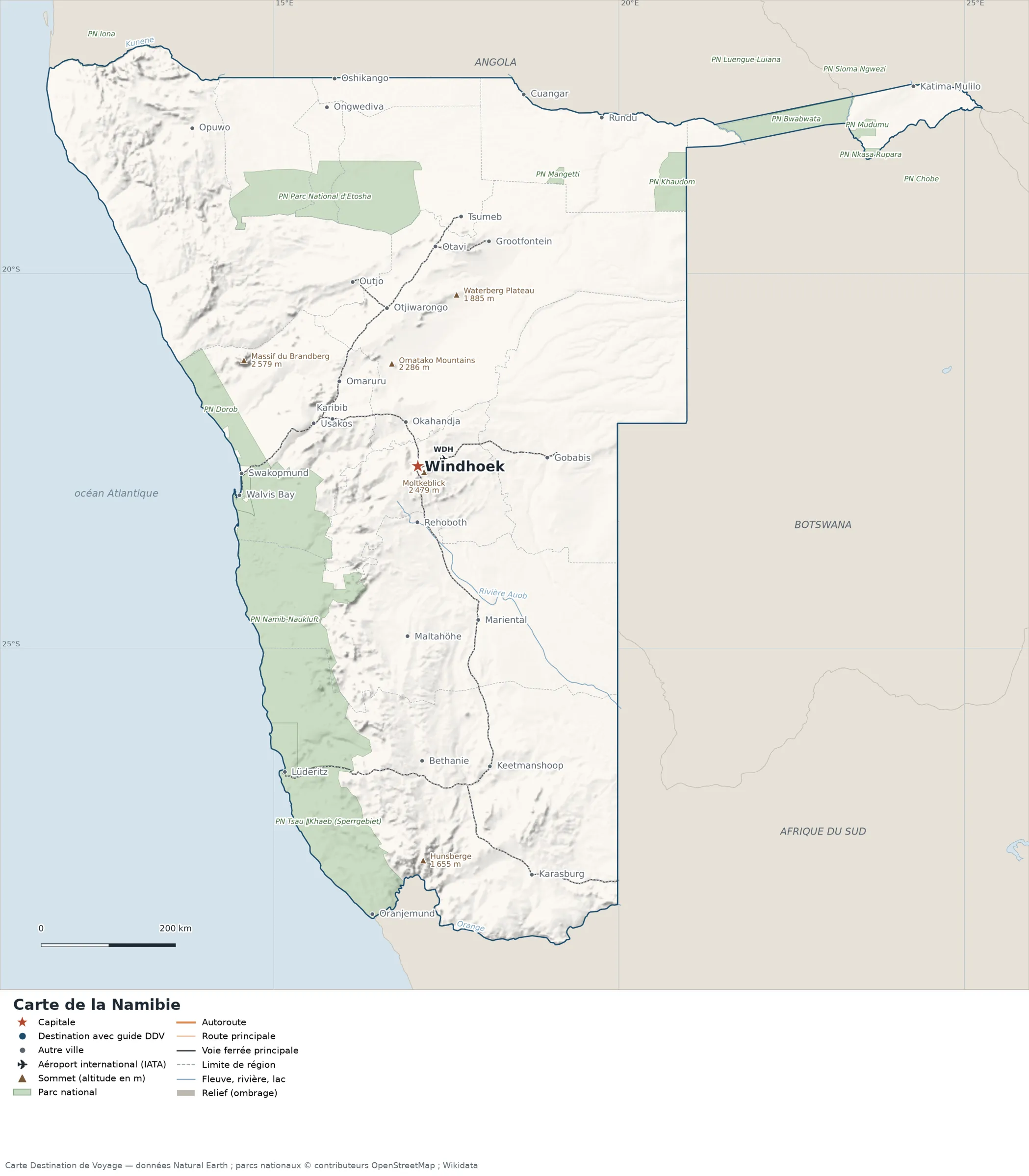 Carte Namibie avec relief, parcs nationaux, villes, routes et aéroports