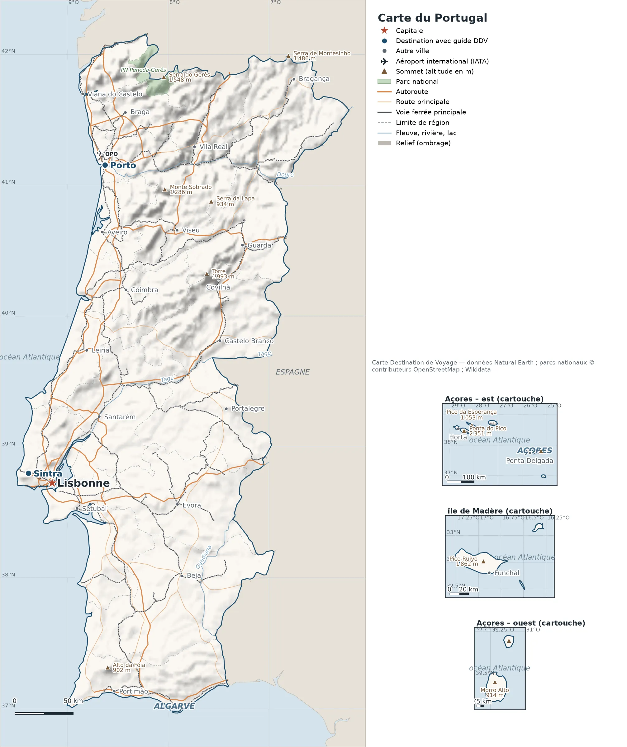 Carte Portugal avec relief, parcs nationaux, villes, routes et aéroports