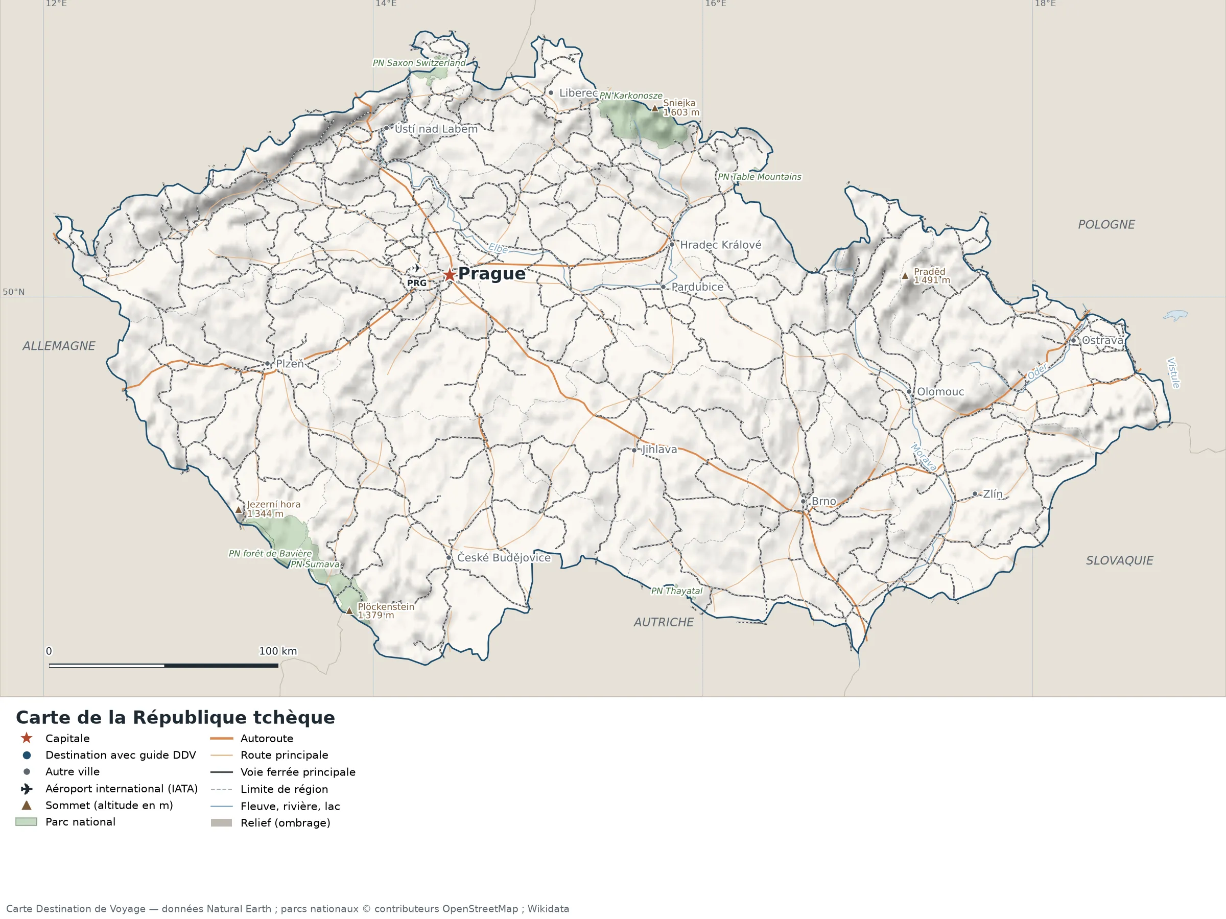 Carte République tchèque avec relief, parcs nationaux, villes, routes et aéroports
