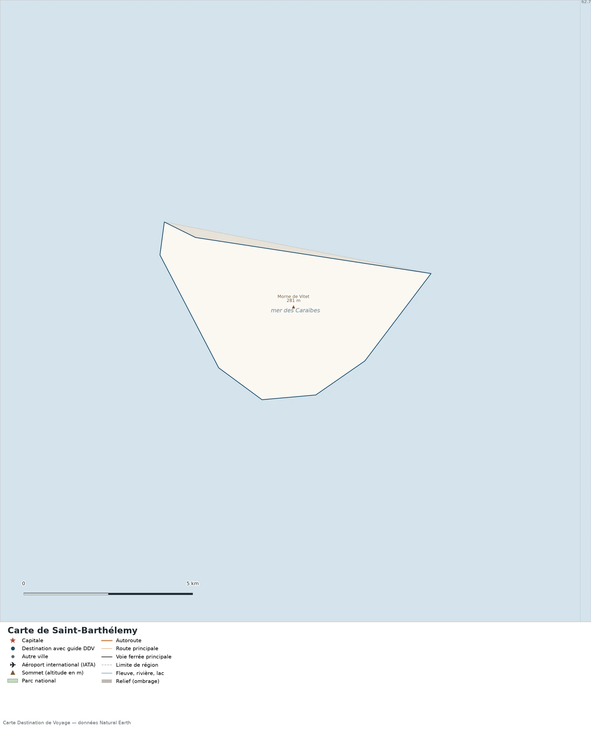 Carte Saint-Barthélemy avec relief, parcs nationaux, villes, routes et aéroports
