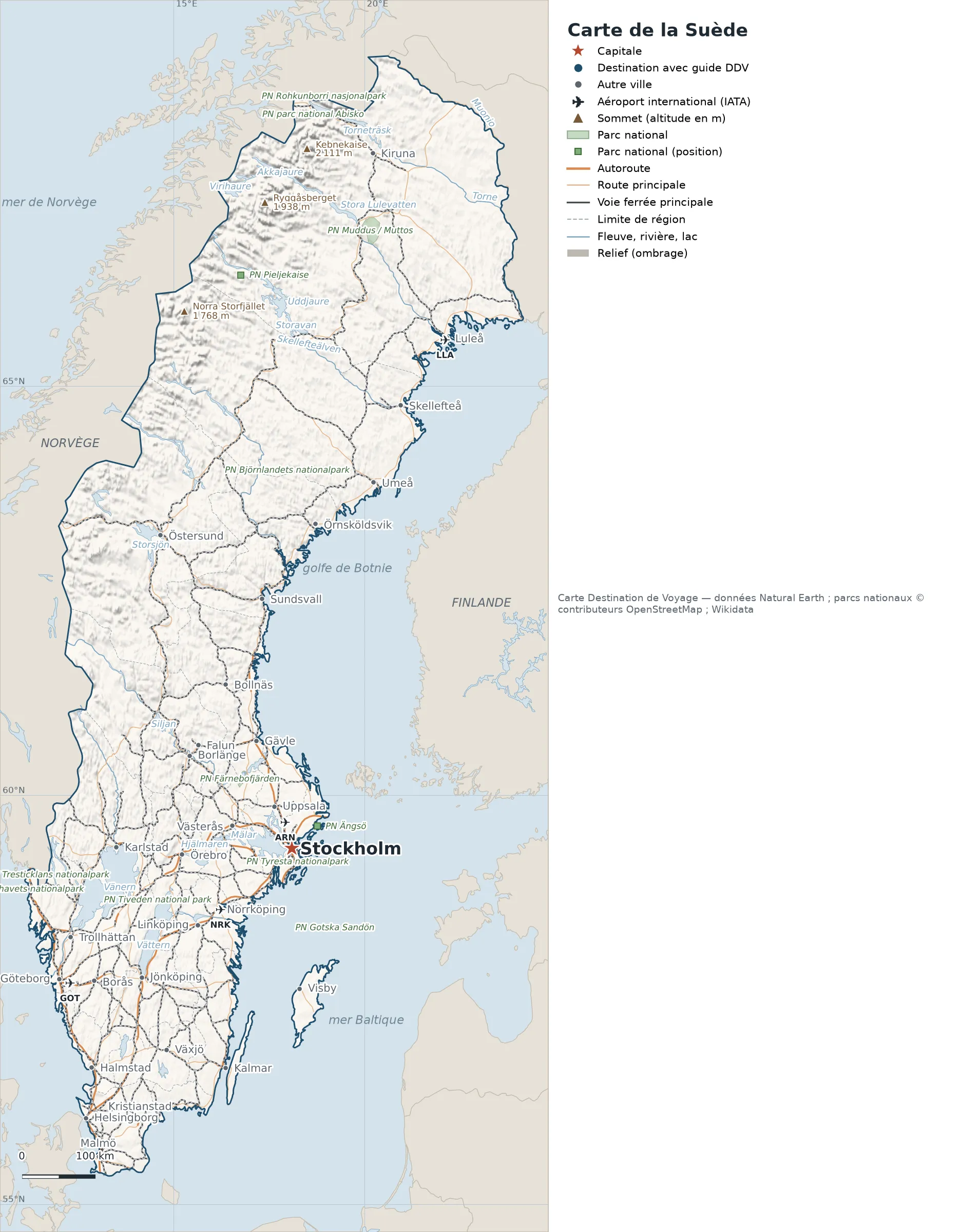 Carte Suède avec relief, parcs nationaux, villes, routes et aéroports