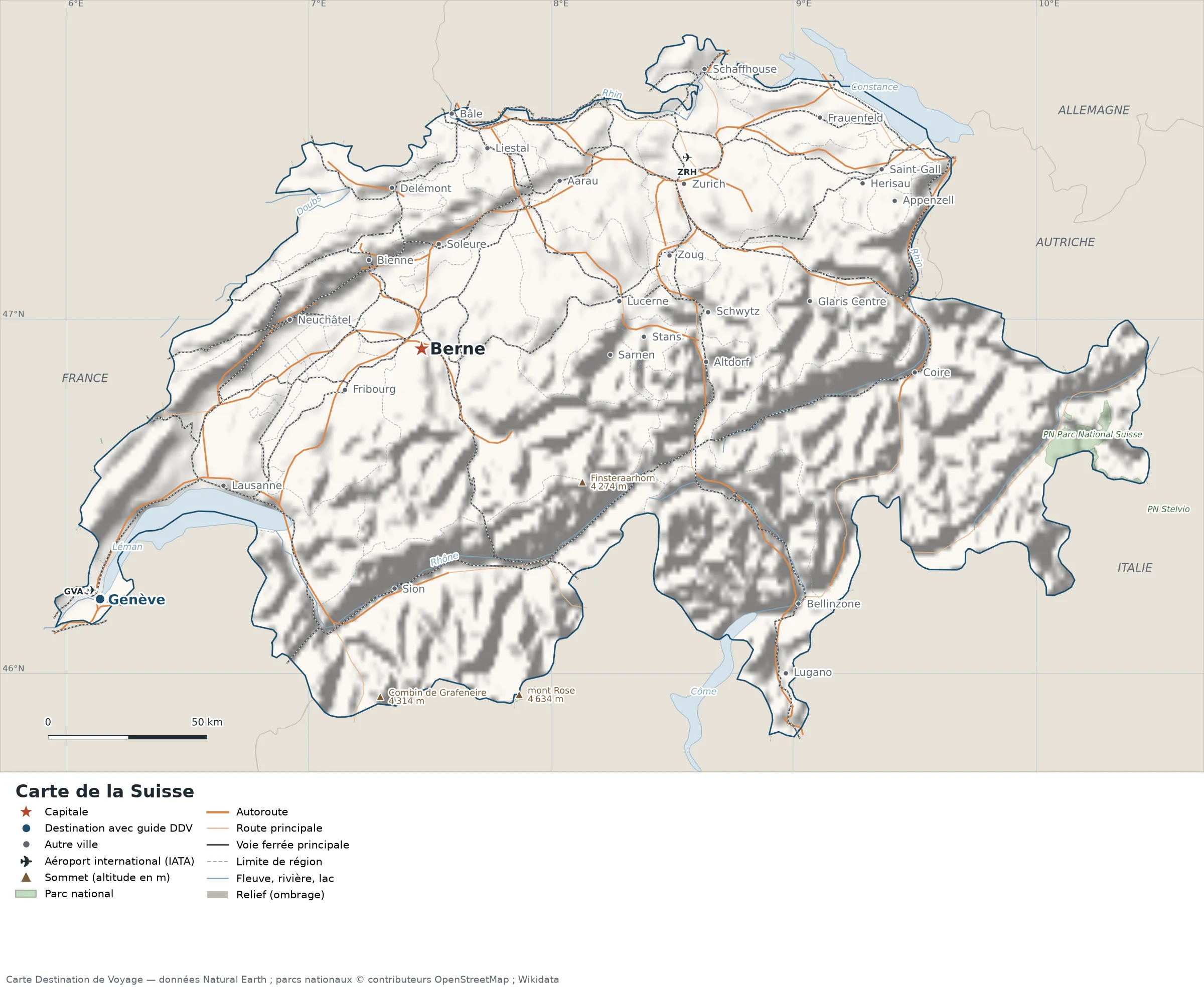 Carte Suisse avec relief, parcs nationaux, villes, routes et aéroports