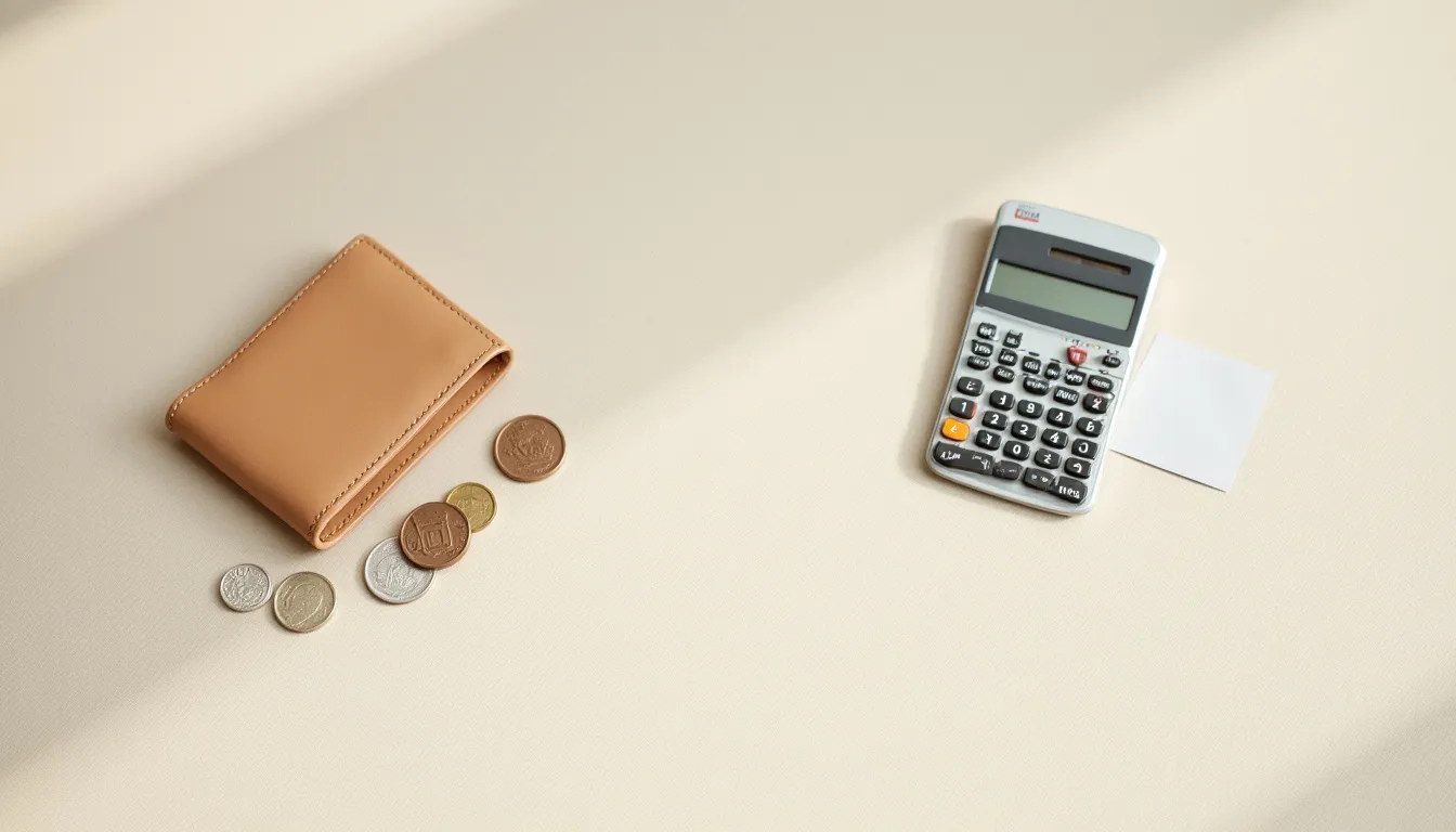 Change de monnaie en voyage : bureau de change, banque ou carte bancaire ? Portefeuille, pièces de monnaie et calculatrice pour préparer le change de devises