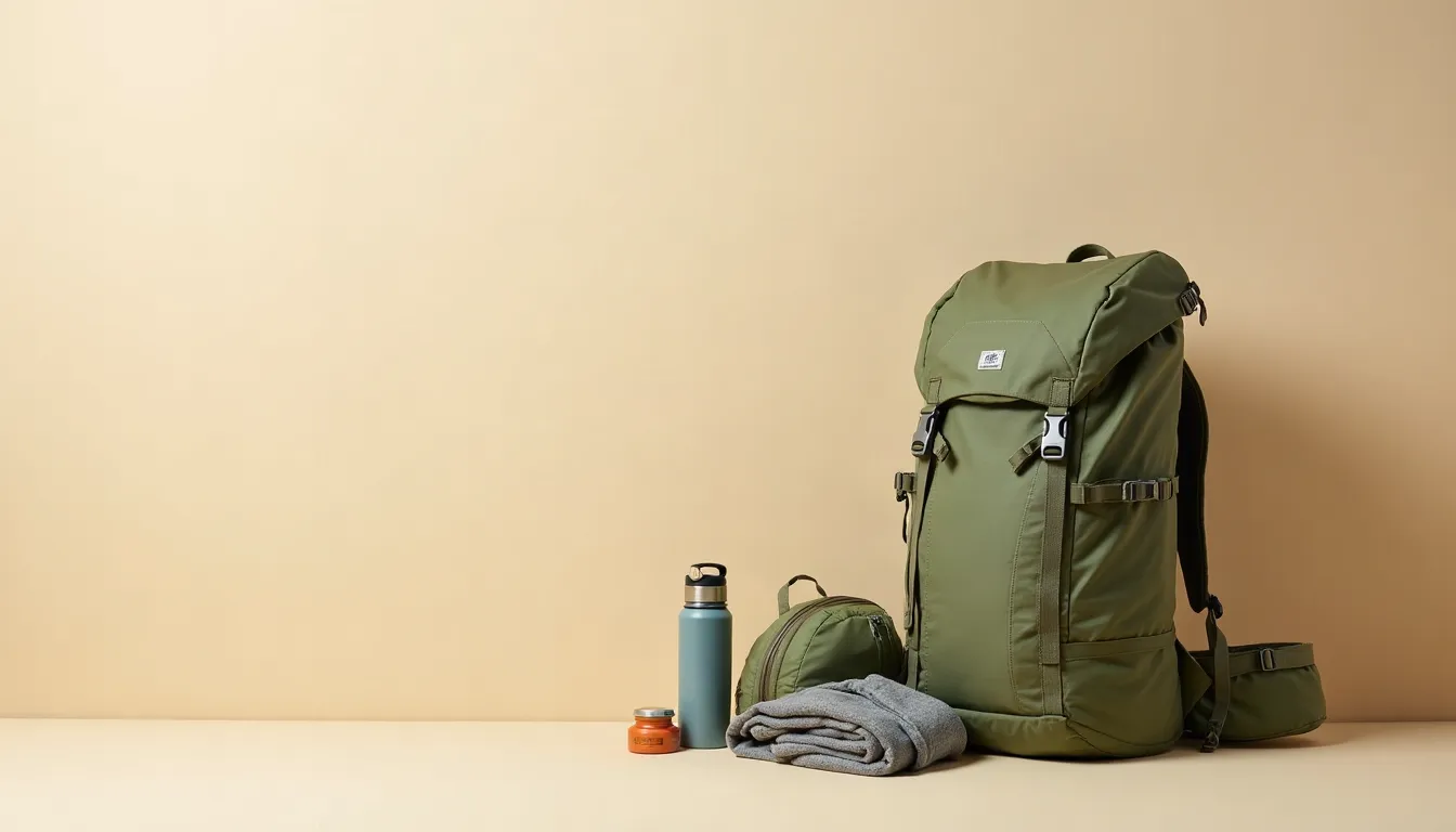 Sac à dos de voyage : comment bien le choisir (volume, portage, cabine) Sac à dos de voyage vert avec gourde, vêtements roulés et petit sac