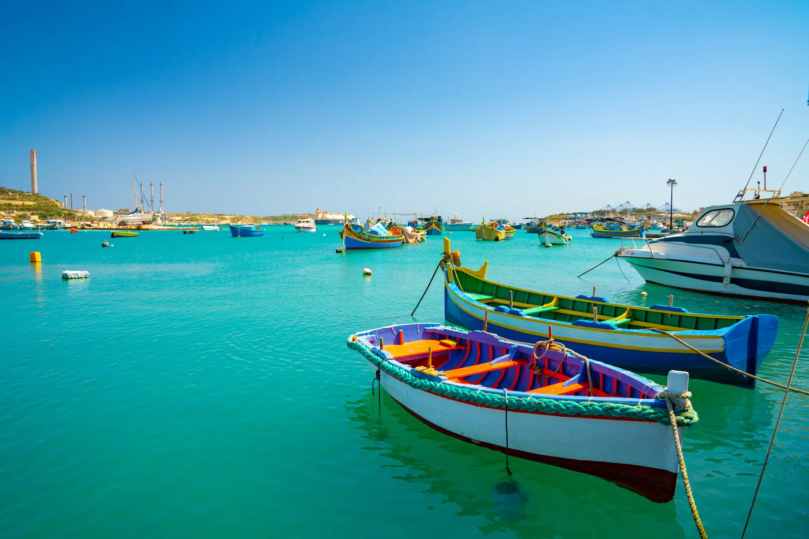 Luzzu fishing boats in Marsaxlokk harbour, Malta