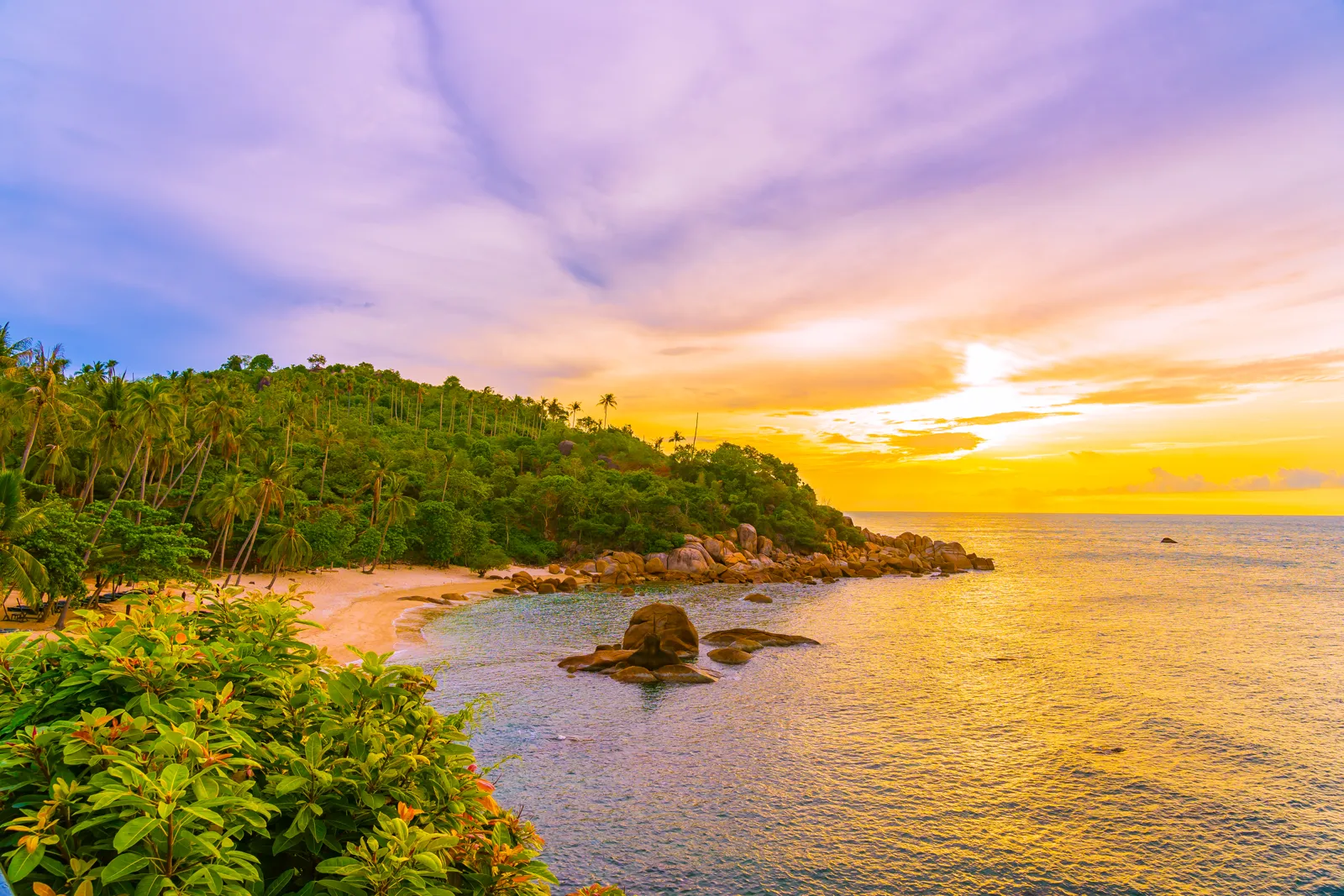 Palm-fringed beach on Koh Samui, in the Gulf of Thailand