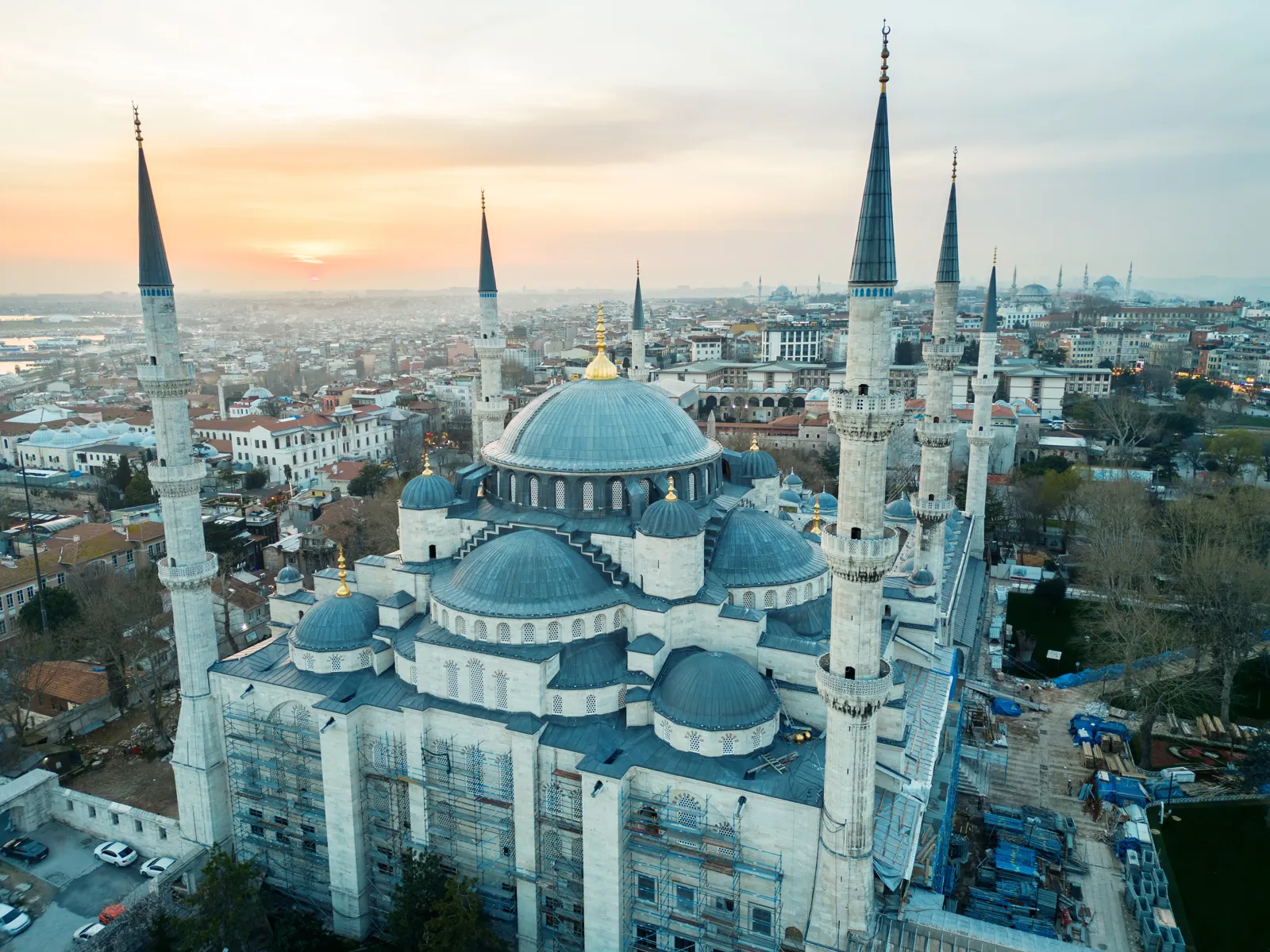 Aerial view of Istanbul's Blue Mosque at sunset