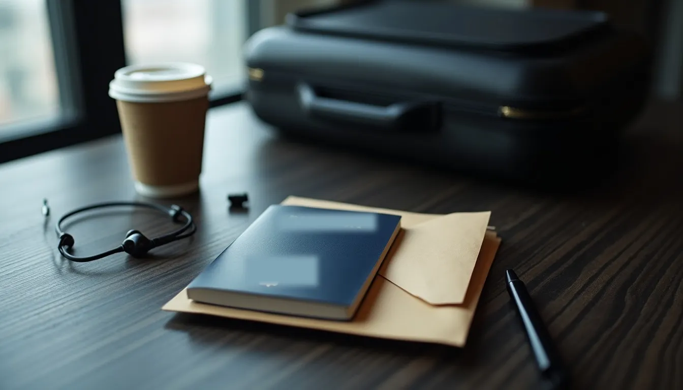 Visa États-Unis : quand il faut un visa au lieu de l'ESTA, et comment le demander Passeport, enveloppe kraft, stylo et café sur un bureau pour préparer son visa pour les États-Unis