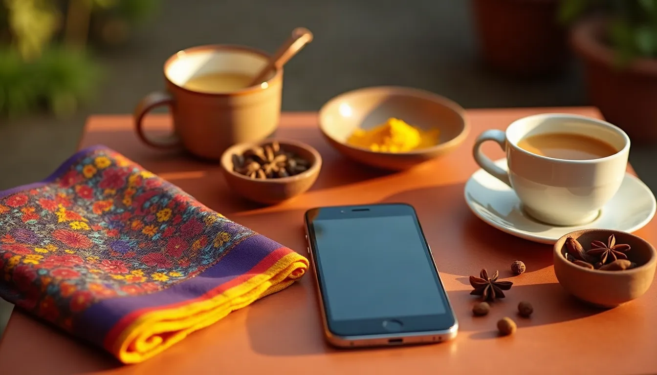 Foulard coloré, épices, tasse de chai et smartphone sur une table pour préparer son visa pour l'Inde