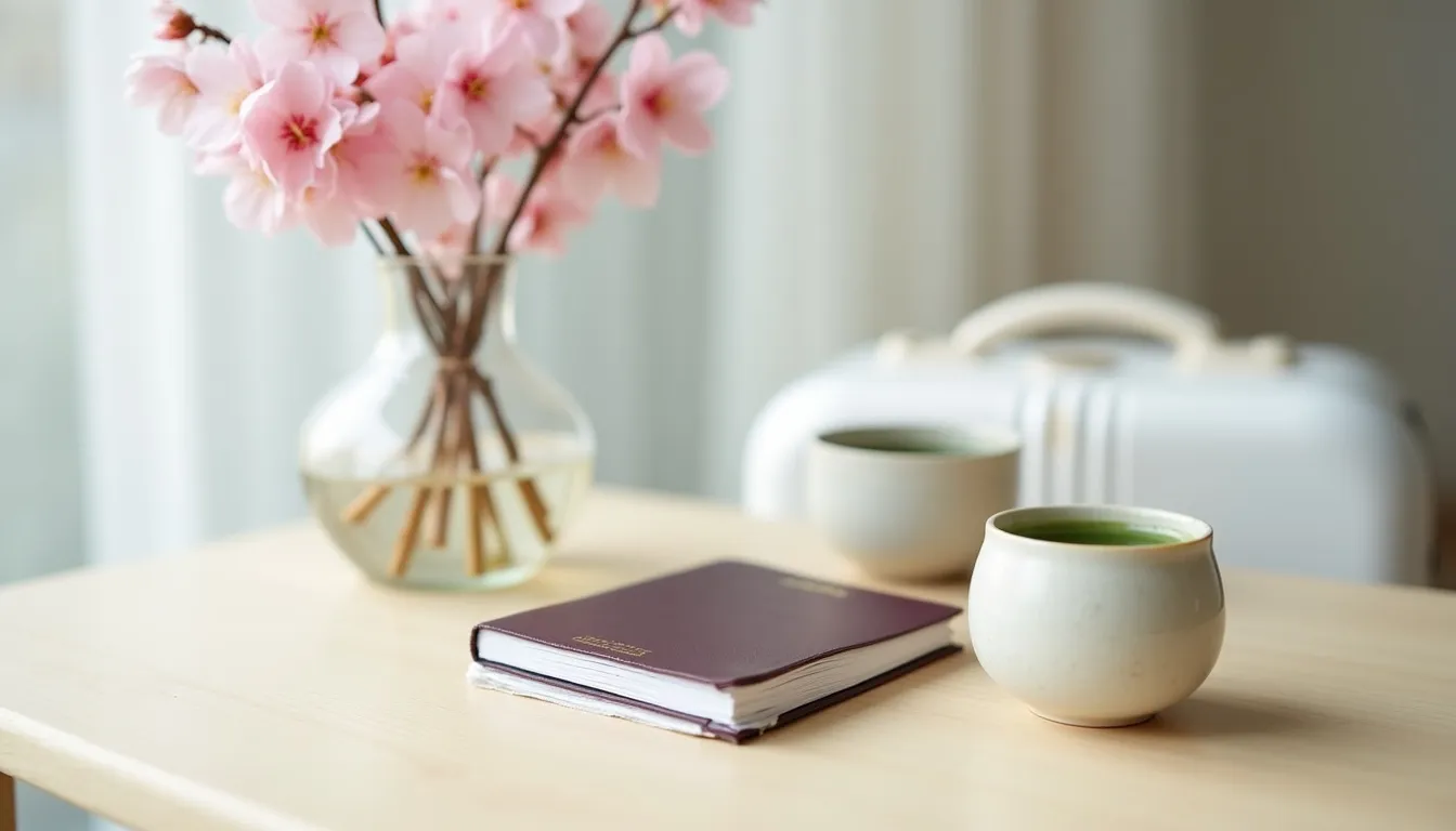 Visa Japon : faut-il un visa pour un voyage au Japon ? Passeport, bols de thé matcha et branches de cerisier en fleur pour préparer un visa pour le Japon